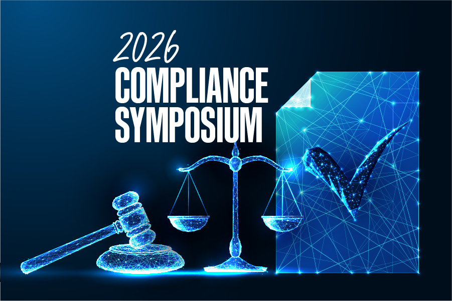 AI image of a checkmark document, scale and gavel with the text 2026 Compliance Symposium