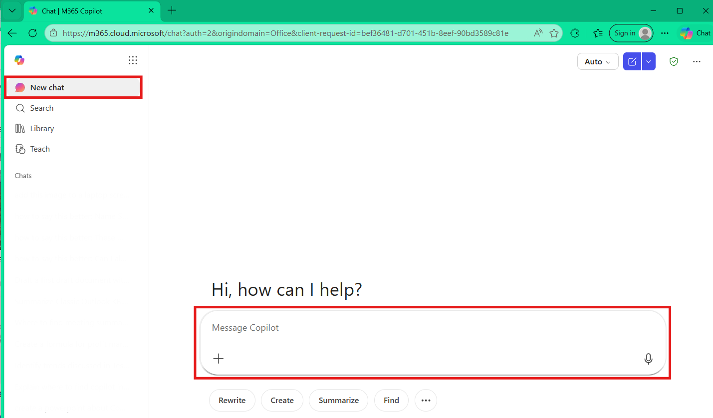 Microsoft Copilot Home Screen Screenshot of what the Microsoft Copilot screen looks like with highlighs over start a new chat and the text box where you can type the task you need help with.