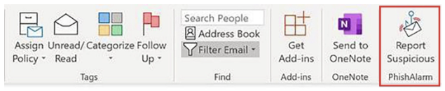 Outlook Toolbar Outlook Toolbar showcasing the new phishing report button.