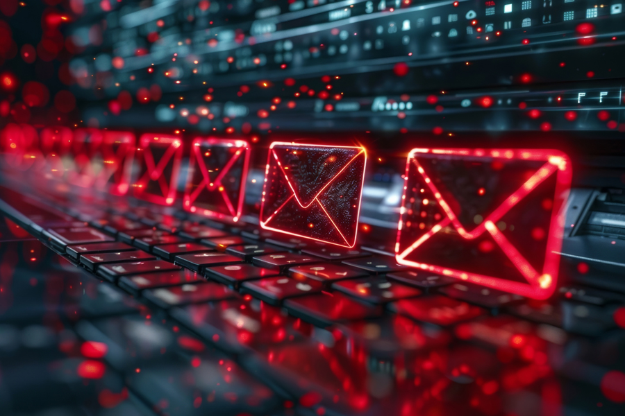 Graphic image of red email icons over the top of a laptop keyboard.