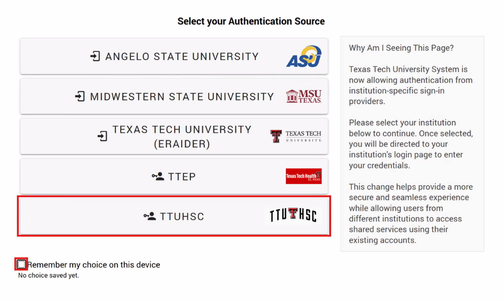 Screenshot of the new login look for Banner that shows all of the Texas Tech University System Logos and has a red highlight over TTUHSC and a highlight over the box that says 'Remember my choice on this device.'