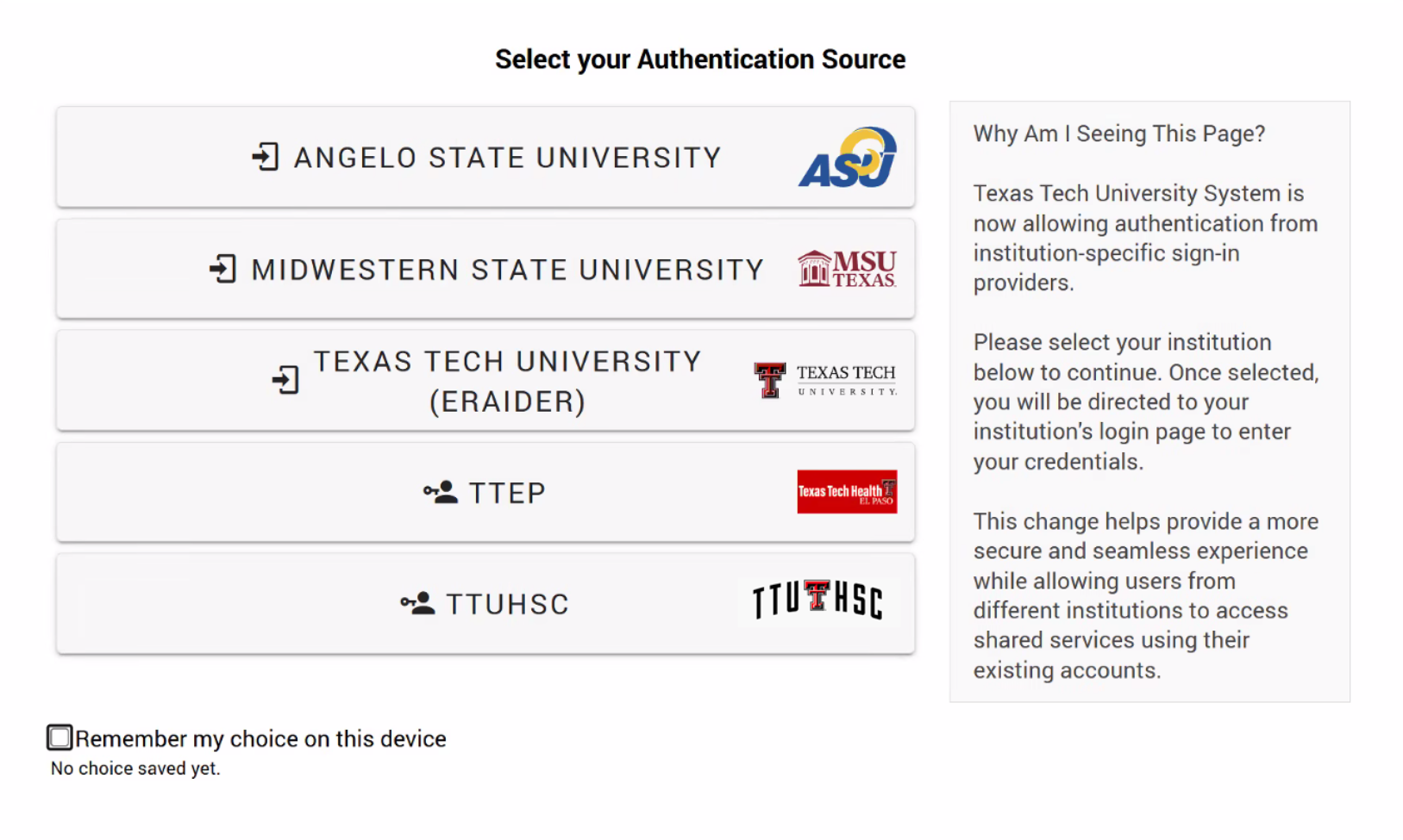 Screenshot of what the new login will look like with all of the logos of the Texas Tech University System.