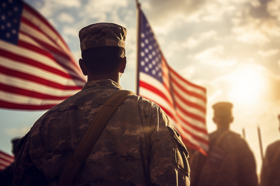 Image of a soldier in uniform at dusk with American flags in the background.
