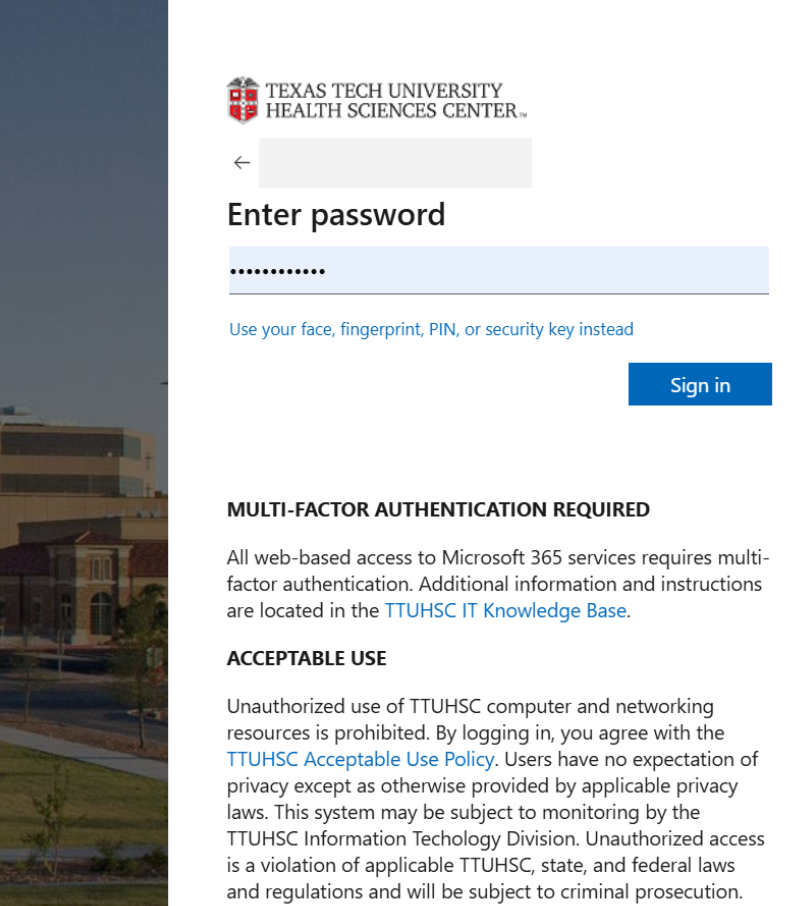 Screenshot of Microsoft Authenticator login window that shows on all TTUHSC logins. Enter username and password.