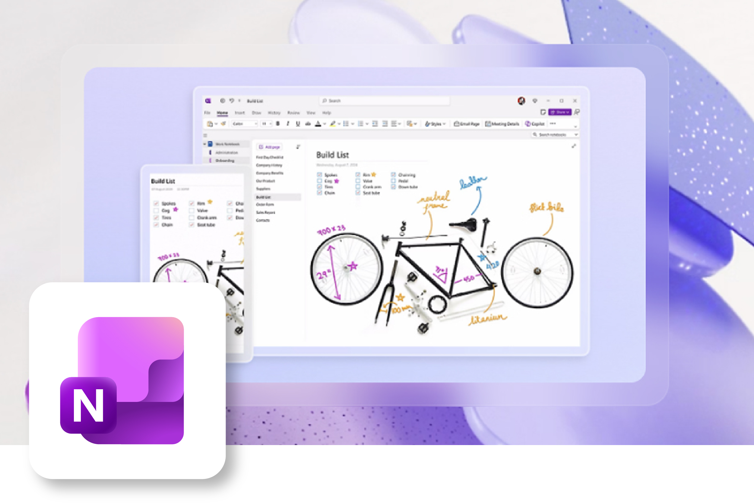 OneNote Screen and icon Screenshot of the OneNote screen, it shows the breakdown of bicycle parts on a digital notes page, it also showcases the Microsoft OneNote icon