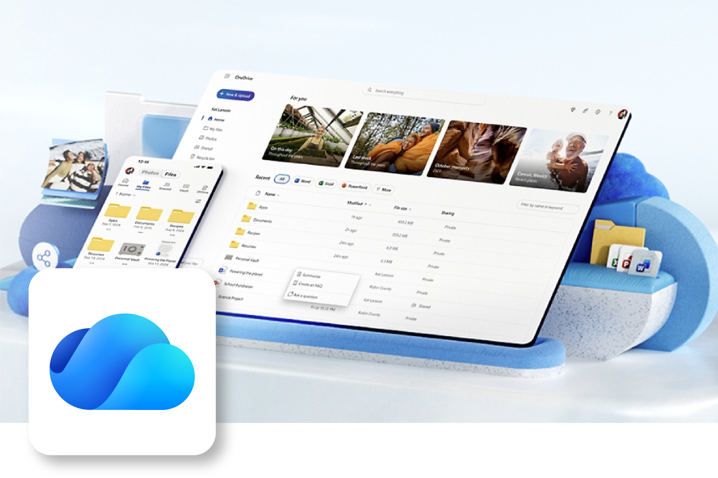 Microsoft OneDrive Screenshot of OneDrive that shows what the program looks like on a screen with icons and folders and shows how you can collaborate and share content